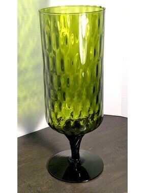 Vtg, MCM Empoli Optic Tall Avocado Green Textured Glass Vase w/ Twisted Stem 13"